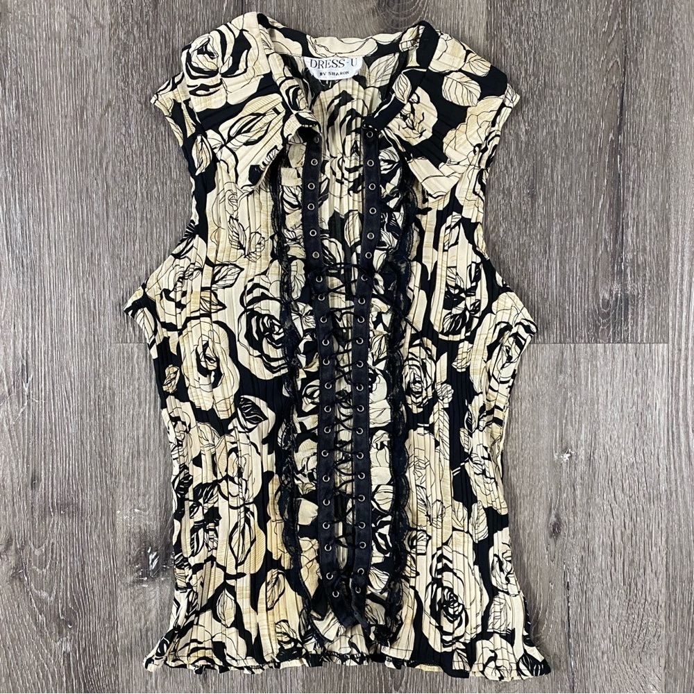 DRESS U BY SHARON Floral Sleeveless Collar Blouse Size Large Goth Lace Up Y2K